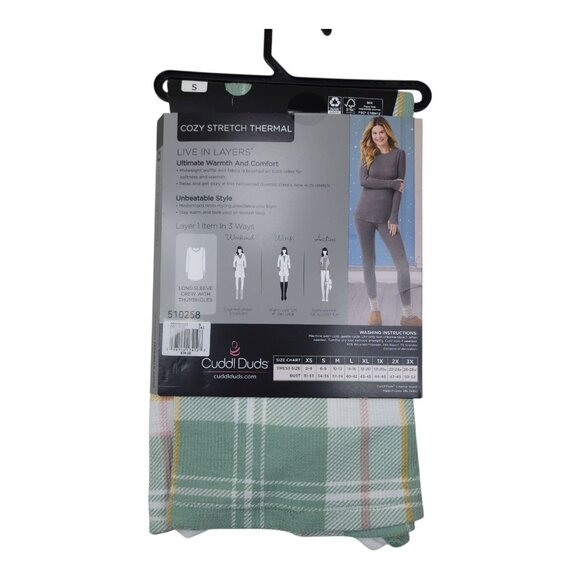 Cuddl Duds Womens Long Sleeve Crew Cozy Stretch Thermal Small Plaid Green - Picture 4 of 8